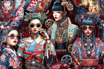 Gobelin-Stoff mit Asia-Steampunk 