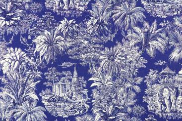 Baumwollstoff mit buntem  Toile de Jouy - Blau 
