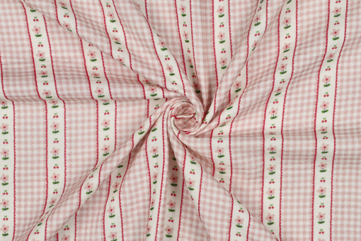 Musselin-Stoff mit Vichy-Karo & Blumen - Rosa 