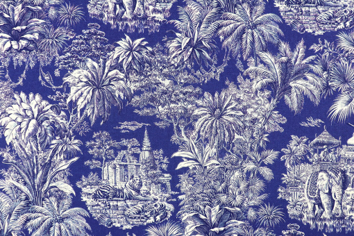 Baumwollstoff mit buntem  Toile de Jouy - Blau 