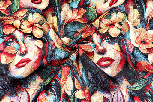 Dekostoff Gobelin mit Frau & Blumen 
