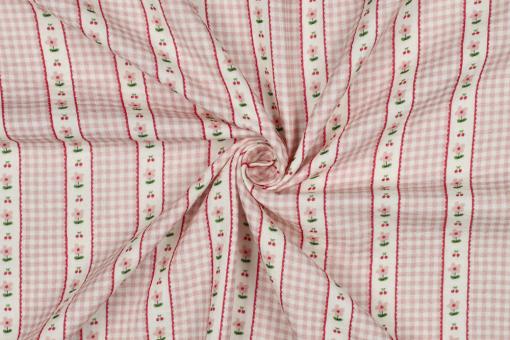Musselin-Stoff mit Vichy-Karo & Blumen - Rosa 