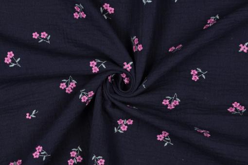 Musselin-Stoff mit gestickten Blumen - Nachtblau 