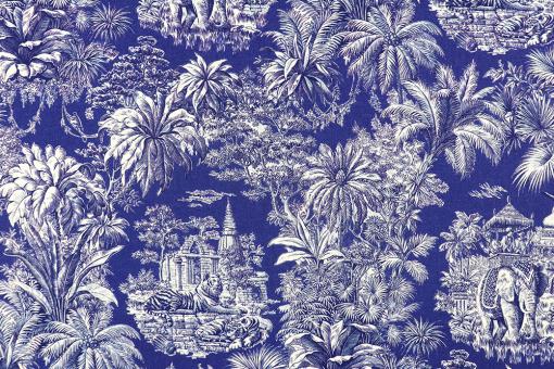 Baumwollstoff mit buntem  Toile de Jouy - Blau 