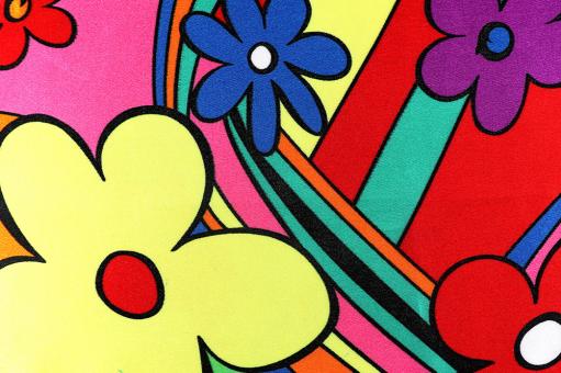 Satin-Stoff mit buntem Flower-Power-Motiv 
