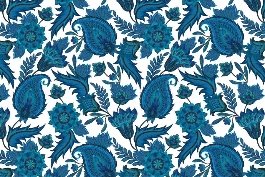 Blackout-Stoff perm. schwer entflammbar - Orientalisches Paisley Weiß/Blau