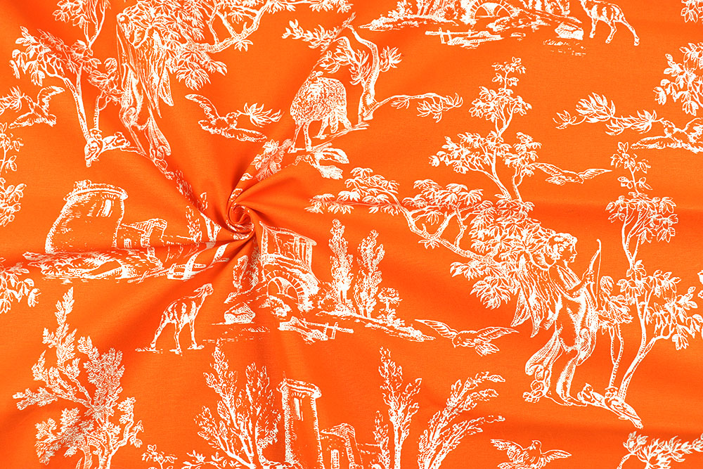 Baumwoll-Dekostoff mit romantischen Toile de Jouy - Orange 
